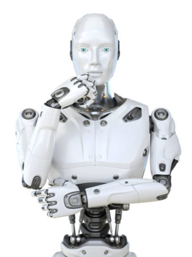 Human like a robot in a pensive posture. Isolated. 3D illustration