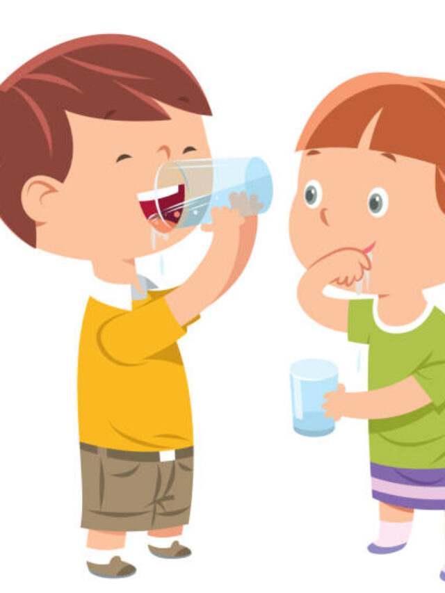 Vector Little boy and girl drinks water