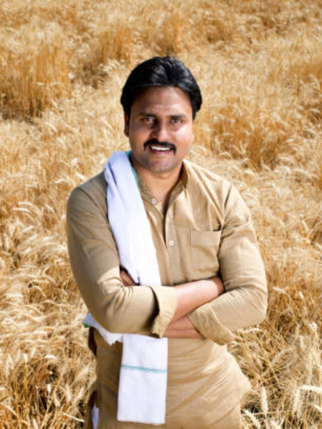 Happy rural farmer with arms crossed in agriculture field